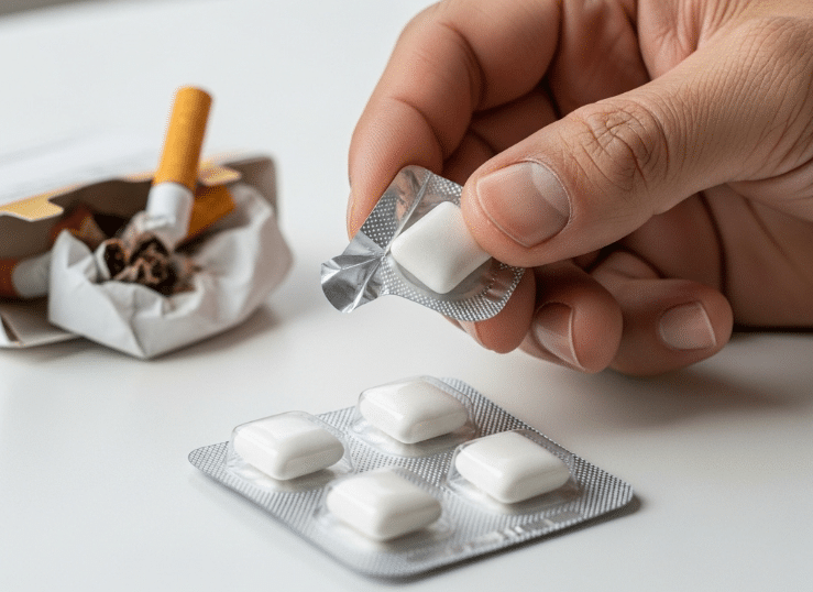 نمای نزدیک از دستی که در حال باز کردن آدامس نیکوتین است؛ در کنار آن پاکت سیگار مچالهشده روی میز دیده میشود.