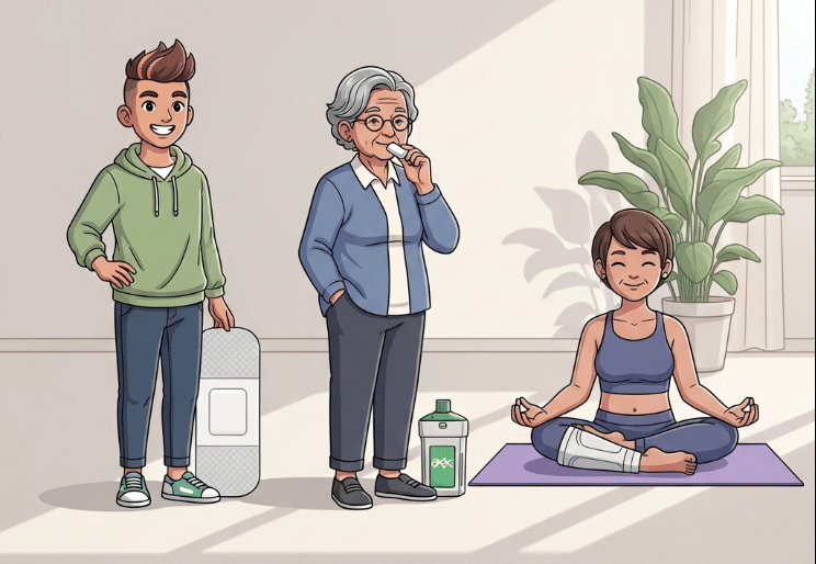 چند فرد با ویژگیهای مختلف (جوان، سالمند، فرد بیمار) در حال استفاده از روشهای متفاوت ترک سیگار مانند چسب، آدامس یا مدیتیشن.