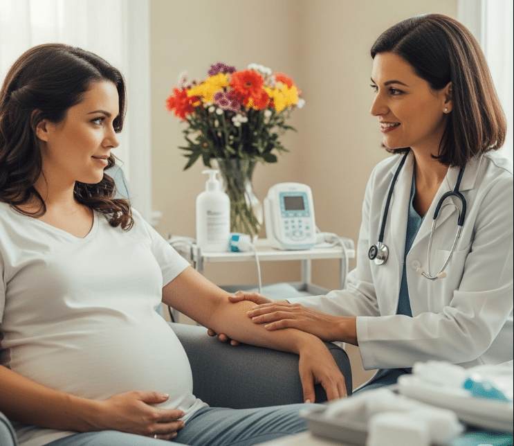 زن باردار در حال دریافت مشاوره پزشکی برای ترک سیگار در محیطی آرام و صمیمی