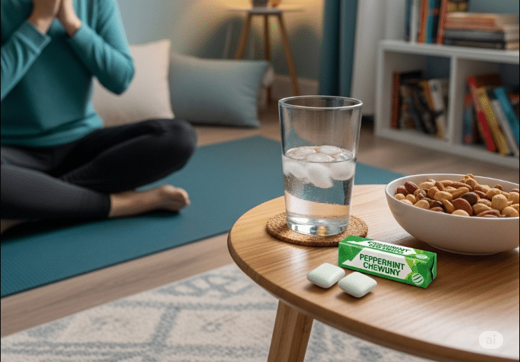 نمایی از فعالیت‌های سالم در خانه مانند تمرین تنفس عمیق، آب خنک، آجیل و کتاب برای مقابله با وسوسه سیگار`