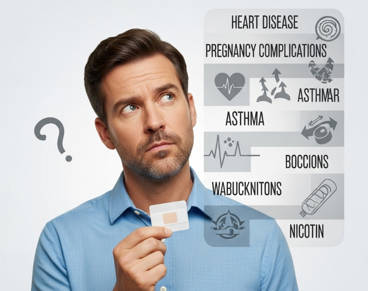 تصویری هشداردهنده از فردی که در حال بررسی چسب ترک سیگار است؛ با اشاره به بیماریها و شرایطی که نیاز به احتیاط دارند