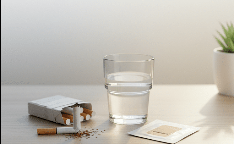تصویری از یک لیوان آب، یک بسته سیگار و یک چسب سیگار