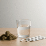 تصویر یک لیوان آب در کنار یک بسته قرص و داروی مخدر گل