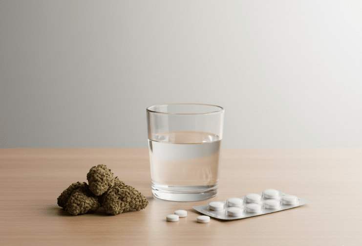 تصویر یک لیوان آب در کنار یک بسته قرص و داروی مخدر گل