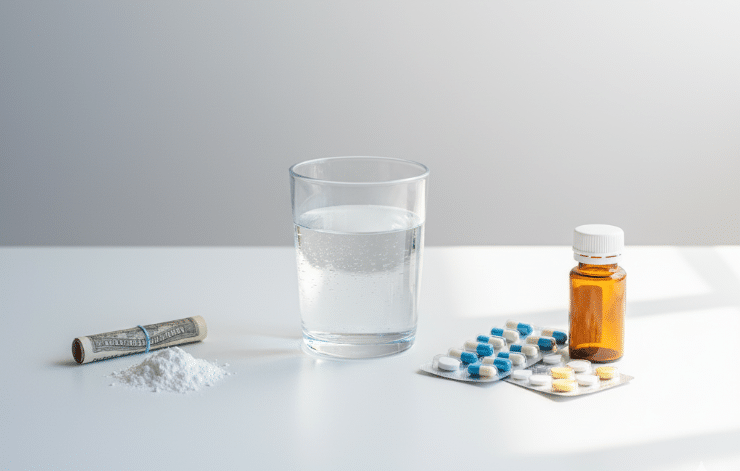 یک لیوان آب در کنار کوکائین و قرص