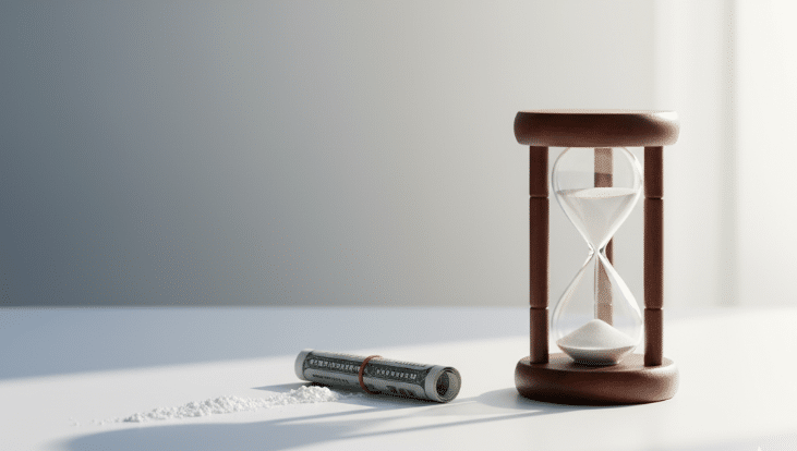 تصویر یک ساعت شنی در کنار ماده مخدر کوکائین